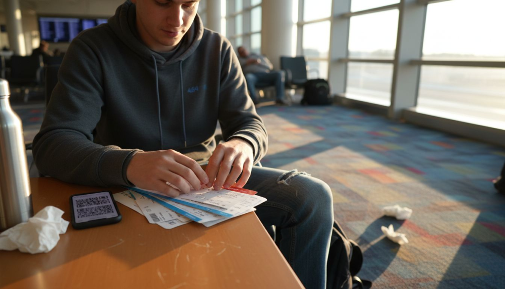 Traveler sorting documents at airport lounge