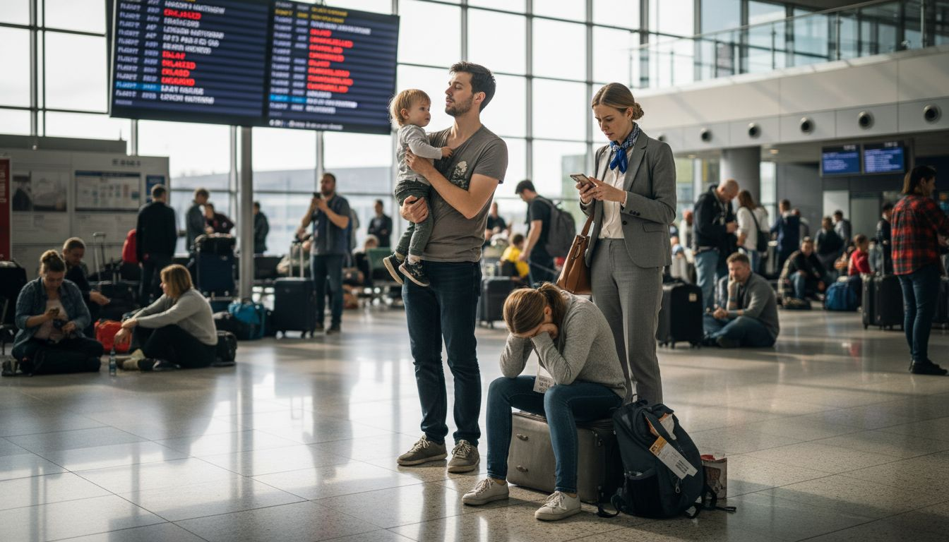 Travelers checking delayed flights departures board