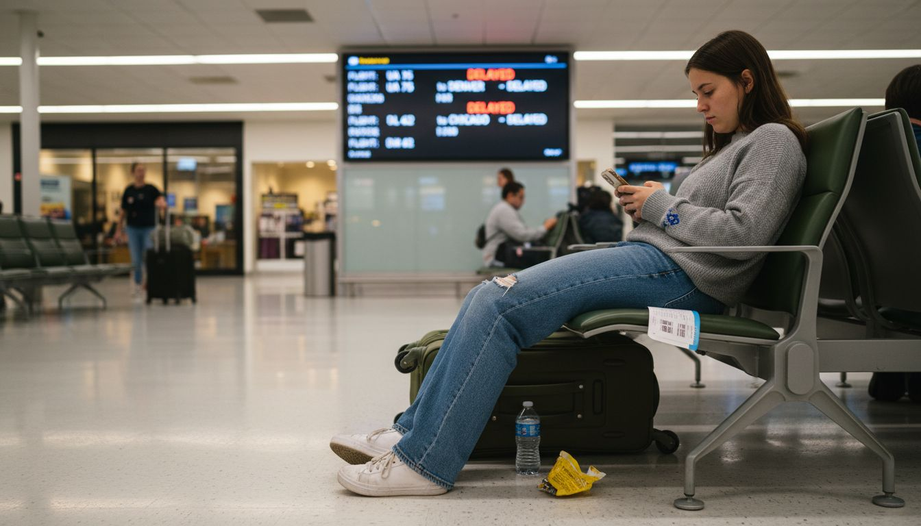 Traveler waiting during airport flight delay